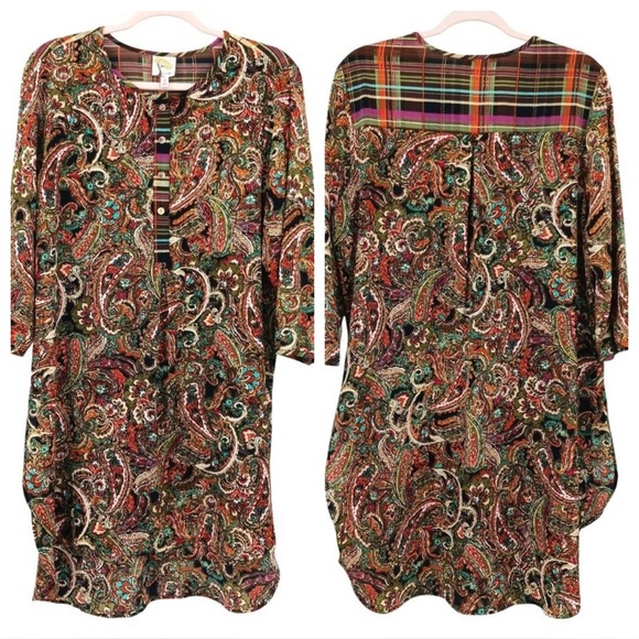 Fig and Flower Paisley Plaid Tunic Size Large Bohemian Boho - Picture 1 of 15